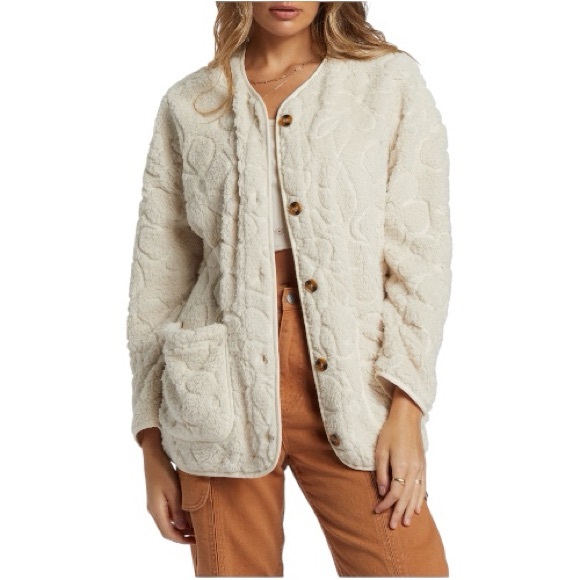 Billabong Fireside Cozy Buttoned Fleece Jacket White Cap Cream Medium M - Picture 1 of 6